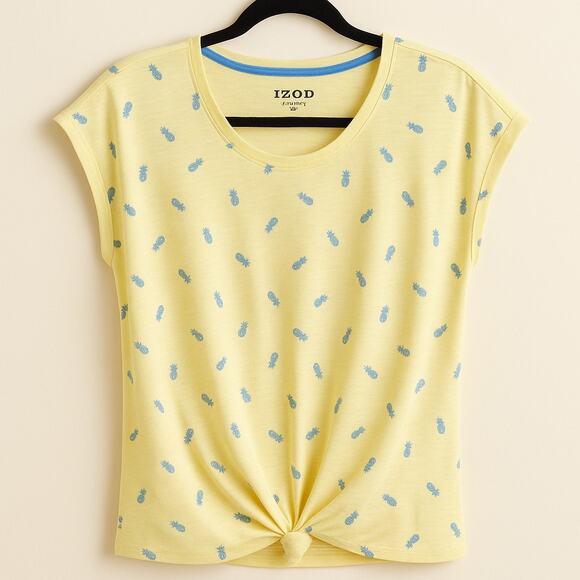 IZOD Pineapple Print Twist Hem Tee Yellow Womens XS - Picture 1 of 6